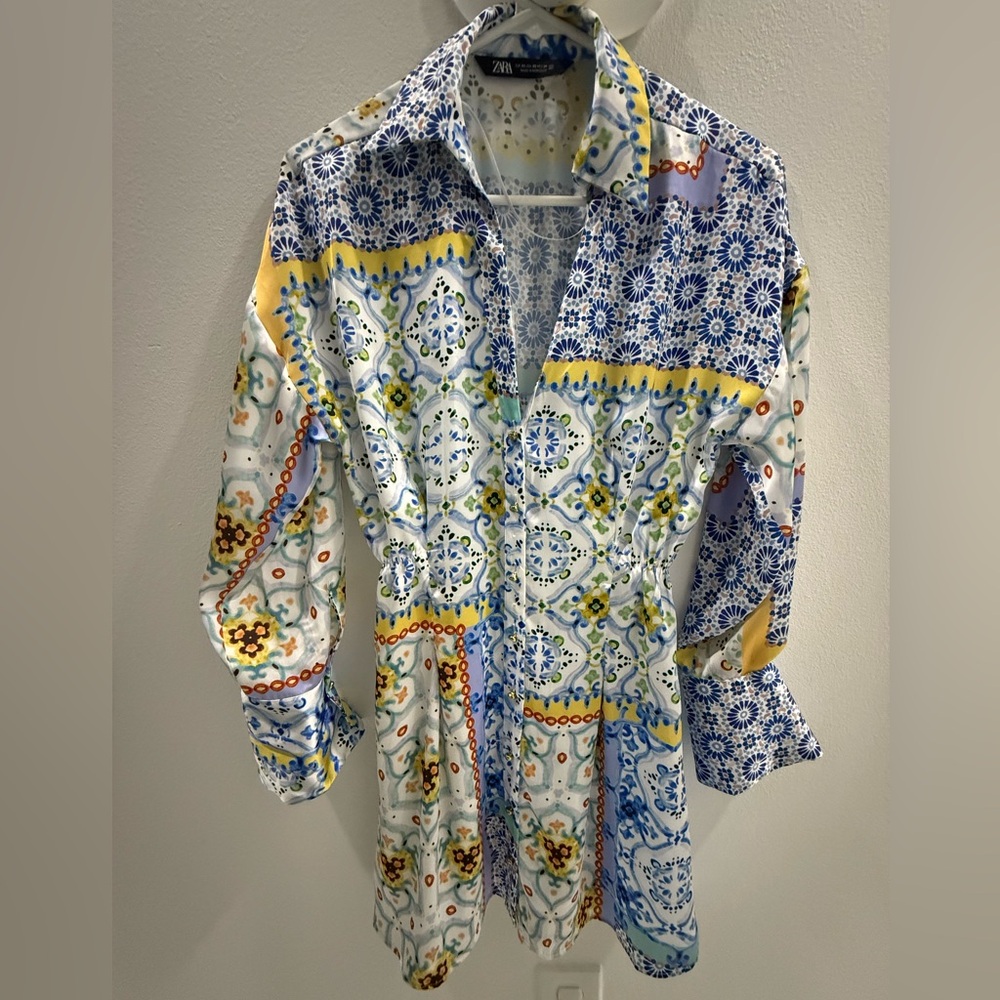 Zara Blue and Yellow Patterned Mini Dress